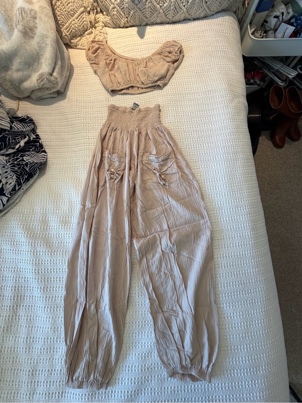 Smocked High-Waist Wide Leg Pants in Light Beige